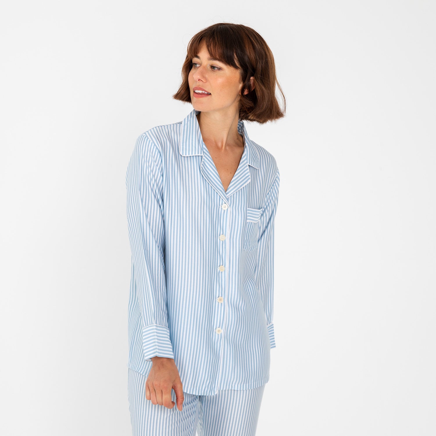 Starlight Blue Stripes | Sateen Long Sleeve PJ Shirt With 100% Organic Bamboo #Color_starlightbluestripes