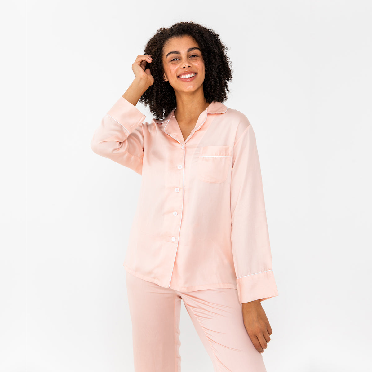 Cloud Pink | Sateen Long Sleeve PJ Shirt With 100% Organic Bamboo #Color_cloudpink